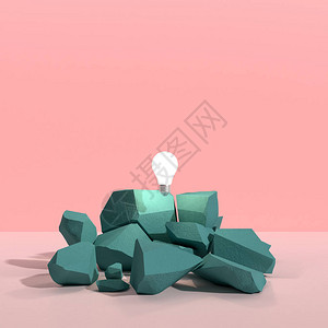 悬浮灯泡在裂开的岩石上以3D颜色为背景图片