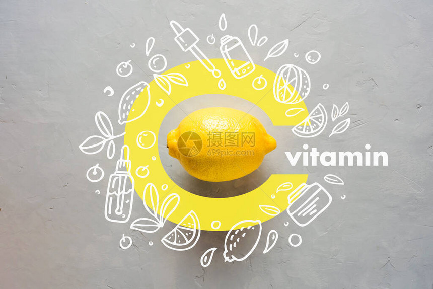 关于黄色背景的柠檬和字母CVitaminCDoodle风格图标的概念形象平坦图片