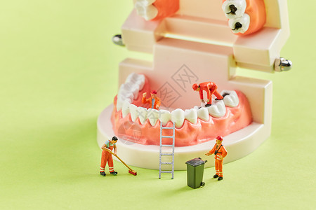 牙齿修护创意小人牙齿口腔修护概念背景