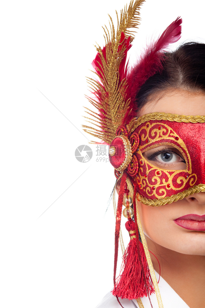穿着红色嘉年华面罩的有吸引力的图片