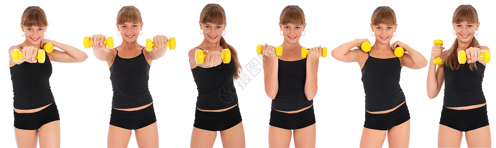 健身女孩用白背景的哑铃训练身图片