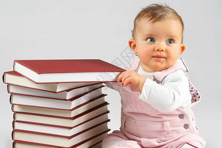 小女婴和许多红色封面的红色书籍图片