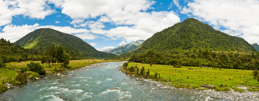 流经山谷的河流全景图片