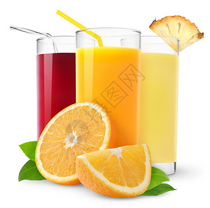 橙子菠萝和樱桃汁的玻璃杯图片