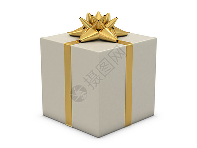白色的礼物盒顶有金花在白色背背景图片