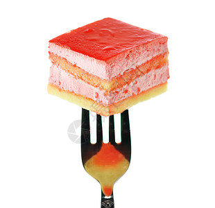 叉子上的草莓味夹心蛋糕背景图片