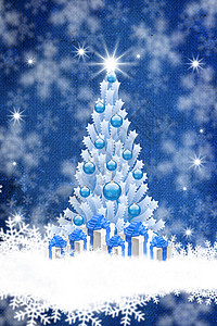 与雪花圣诞树和礼物的蓝色背景图片