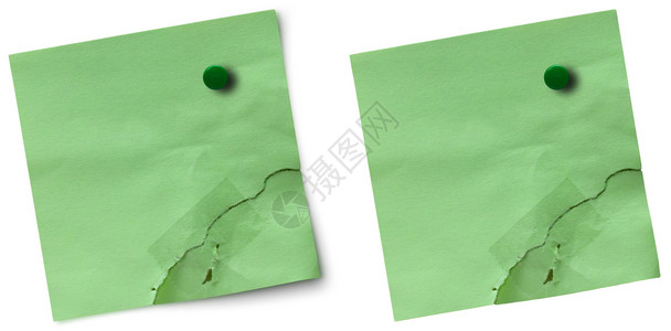 白色背景上的绿色已损坏备忘录笔记一个笔记有阴影图片