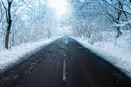 白雪皑皑的森林中空荡荡的冬季道路图片