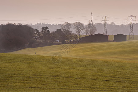 日出农业景观上的有电缆通信塔台和在日图片