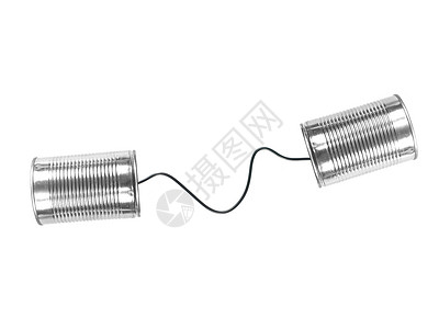 锡罐作为电话隔离在白色背景图片