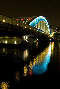 夜铁桥与河中倒影图片