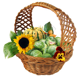 用鲜花和南瓜装饰的白菜篮图片