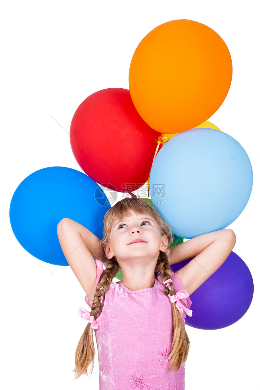的小女孩拿着热气球团孤立图片