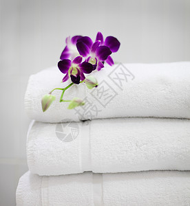 白毛巾上美丽的紫色兰花图片