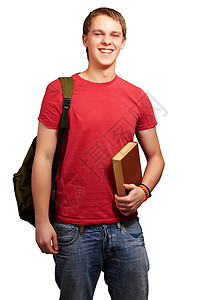年轻学生手持书本和背包在白图片