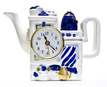 带有时钟的原始设计的白色和蓝色茶壶背景图片