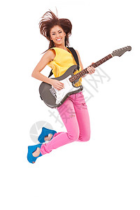 充满激情的女吉他手在白色背图片