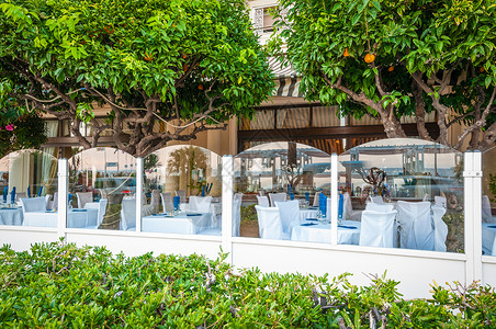 传统法国餐厅的桌子在橘子树的荫下玻璃栅栏后面的白色椅子和桌子法国图片