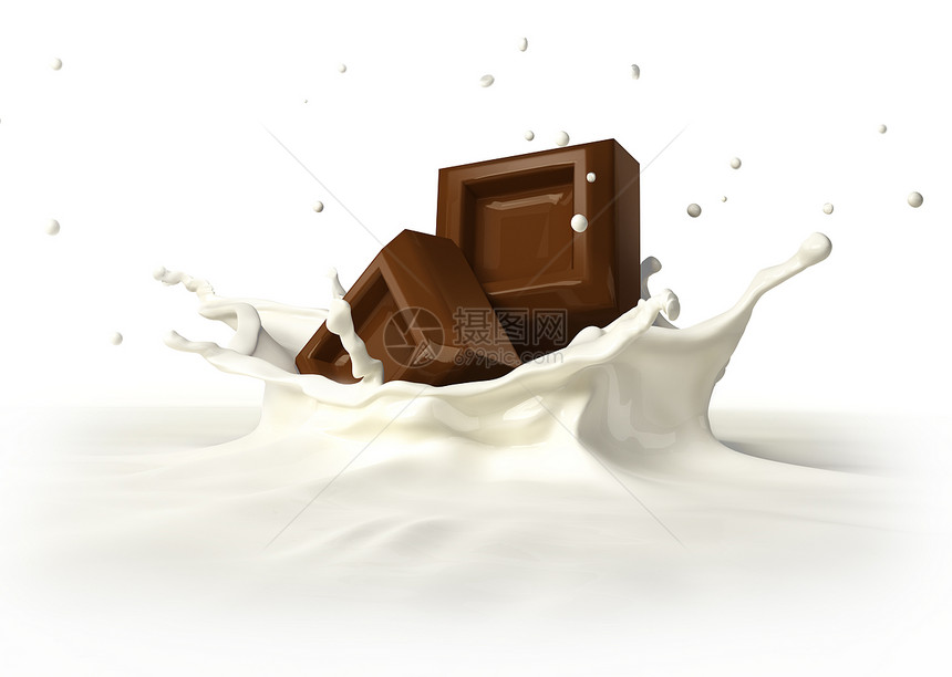 两个巧克力块掉进牛奶中形成皇冠喷洒在白色背景上图片