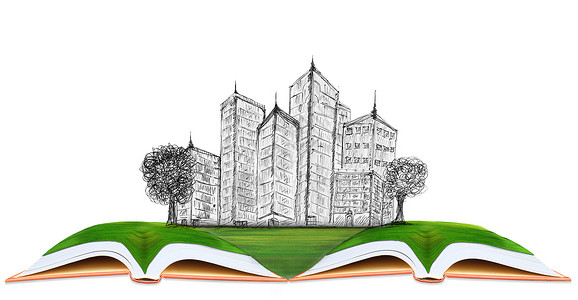 绿草场上现代建筑素描用于建筑和图片