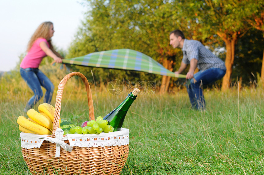 带着浪漫野餐毯的快乐情侣躺在一篮水果和葡图片