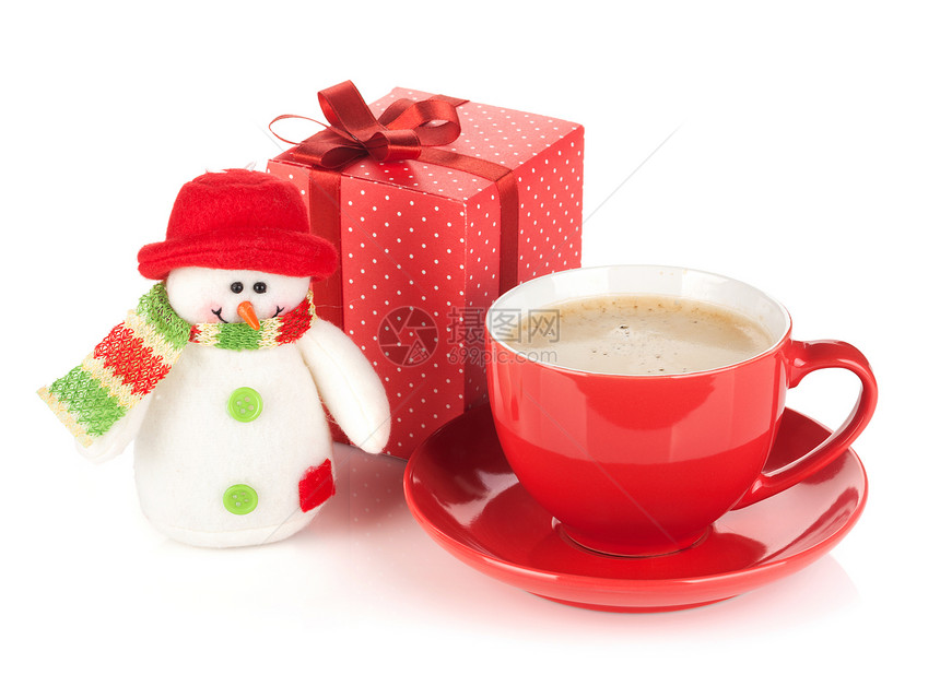 红咖啡杯礼品盒和雪人玩具图片