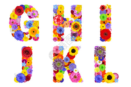 孤立在白色的花卉字母表六个字母GHIJKL由许多五颜六色的图片