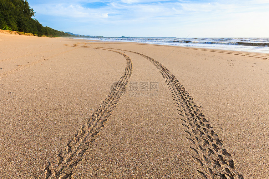 通往大海的沙滩上的足迹图片
