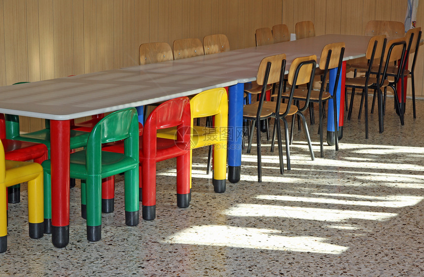 幼儿托所食堂有彩色塑料小椅子图片