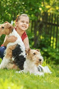 小女孩带着两只小狗在绿草图片