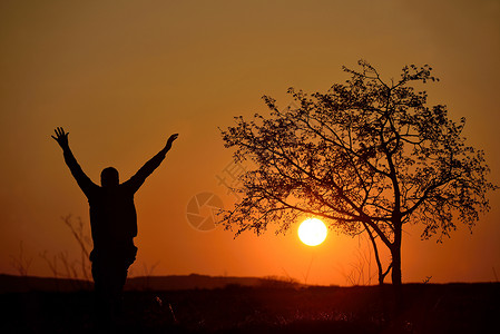 日落时在树旁散步的人图片