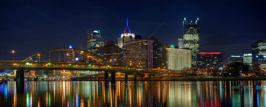 宾夕法尼亚州匹兹堡市中心的全景晚图片