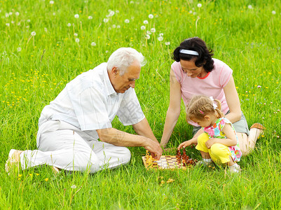 爷和孙女在草地的草地上下棋图片