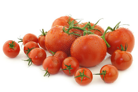 葡萄藤上的什锦西红柿和白色背景上的樱桃西红柿图片