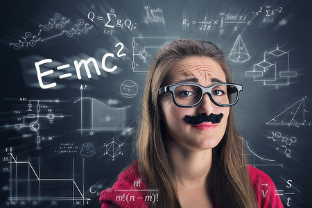 累了的姑娘戴着眼镜和假胡子在科学背景上高清图片