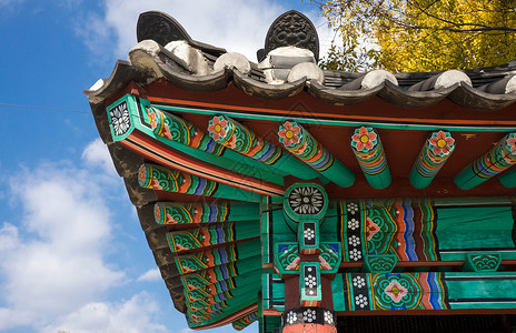 韩国寺庙屋顶结构细节背景图片