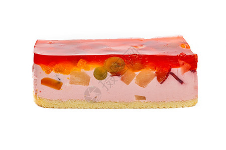 水果酸奶芝士蛋糕和果冻在白色背景有图片