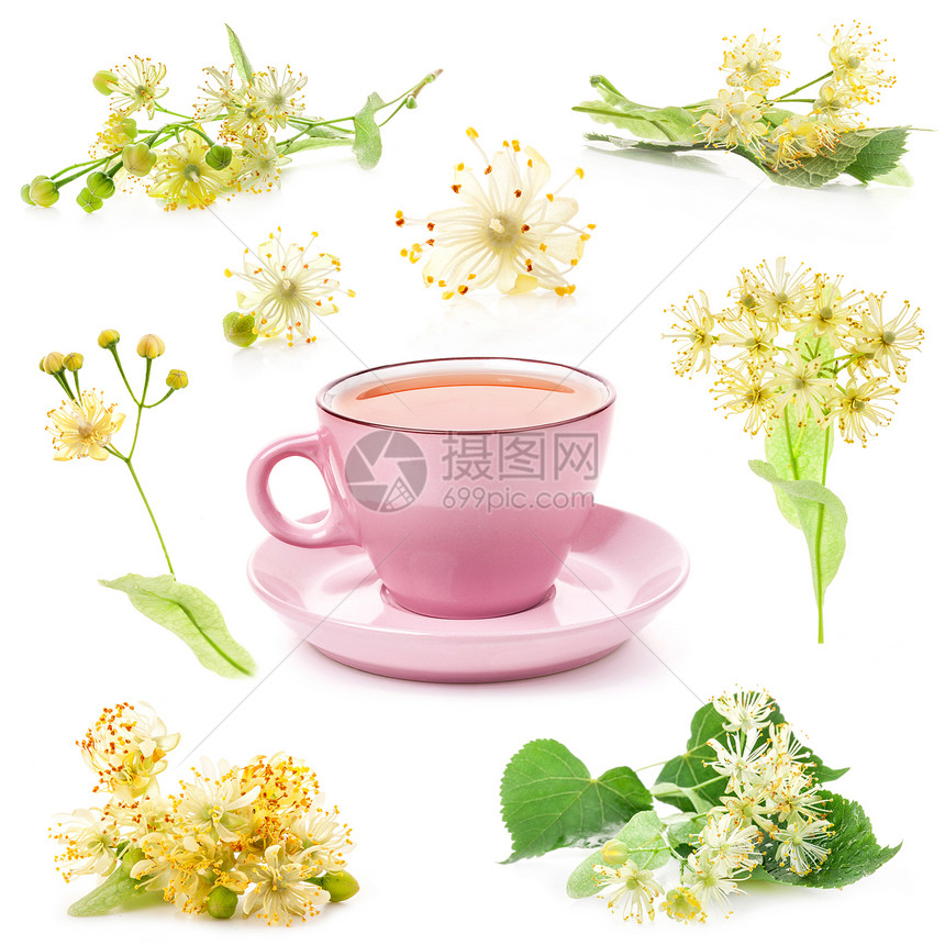 粉红色的茶杯和孤立在白色背景上的菩提花图片