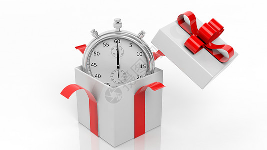 银色时钟表装在礼物盒红丝带里背景图片