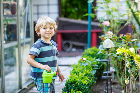 金发小男孩在夏日花园玩水罐玩具图片