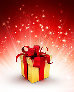 金色礼物盒红丝带闪亮的红色背景图片