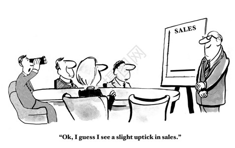 显示商人在会议和销售平淡的图表的商业漫画图片
