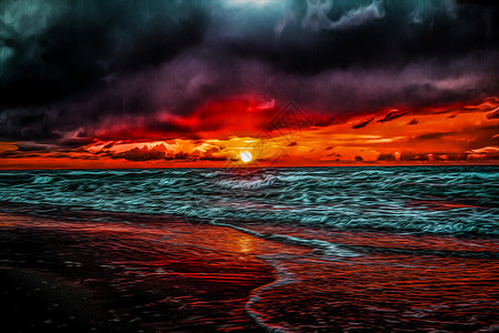 大洋中央落下的红日图片