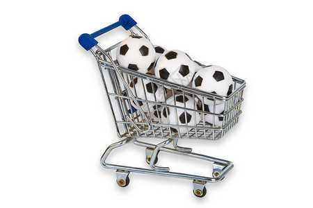 玩具购物Trolley用足球在白图片