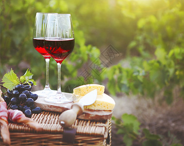 两杯红酒葡萄园背景上面有包肉图片