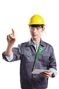 年轻亚洲技术员的手势和姿势白背景图片