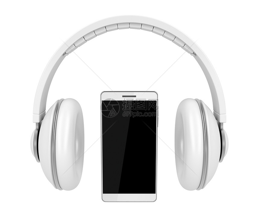 白色的白色智能手机和耳机在白图片