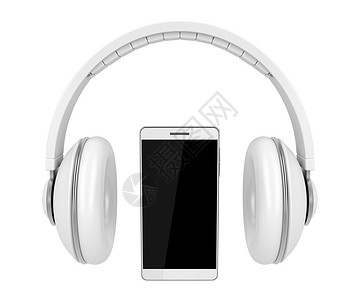 白色的白色智能手机和耳机在白图片