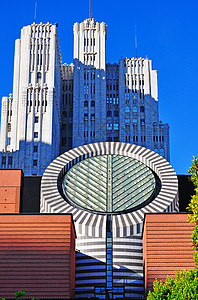 城市的天际线与现代艺术博物馆的现代艺术博物馆大楼图片